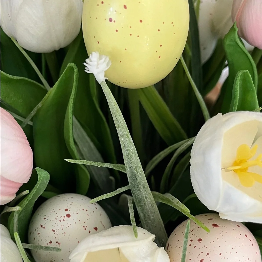 Nicole Miller White Basket Planter with Pink & White Tulips and Pastel Eggs